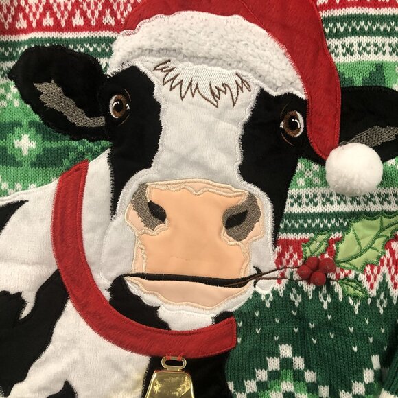 Ugly Christmas Sweater Cow Size M Mooood Funny Holiday Knit Party 3-D Bell Green - Picture 3 of 7